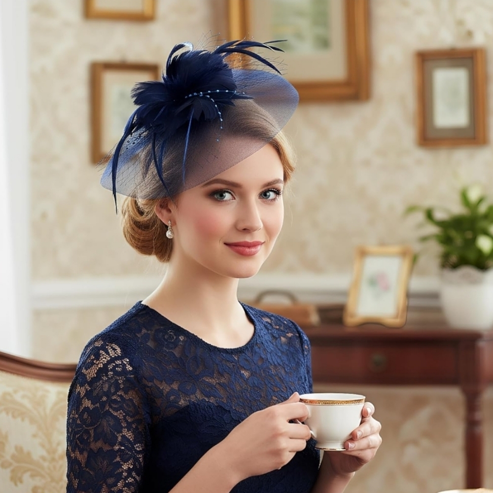 NEW! Navy Blue Feathered Fascinator Hat